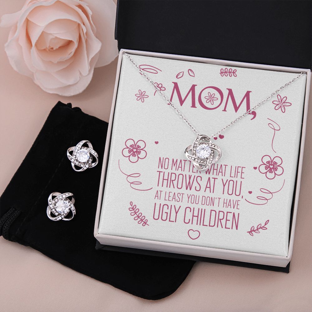 To My Mom - No Ugly Children - Love Knot Necklace + Free Matching Earrings (while stock last)