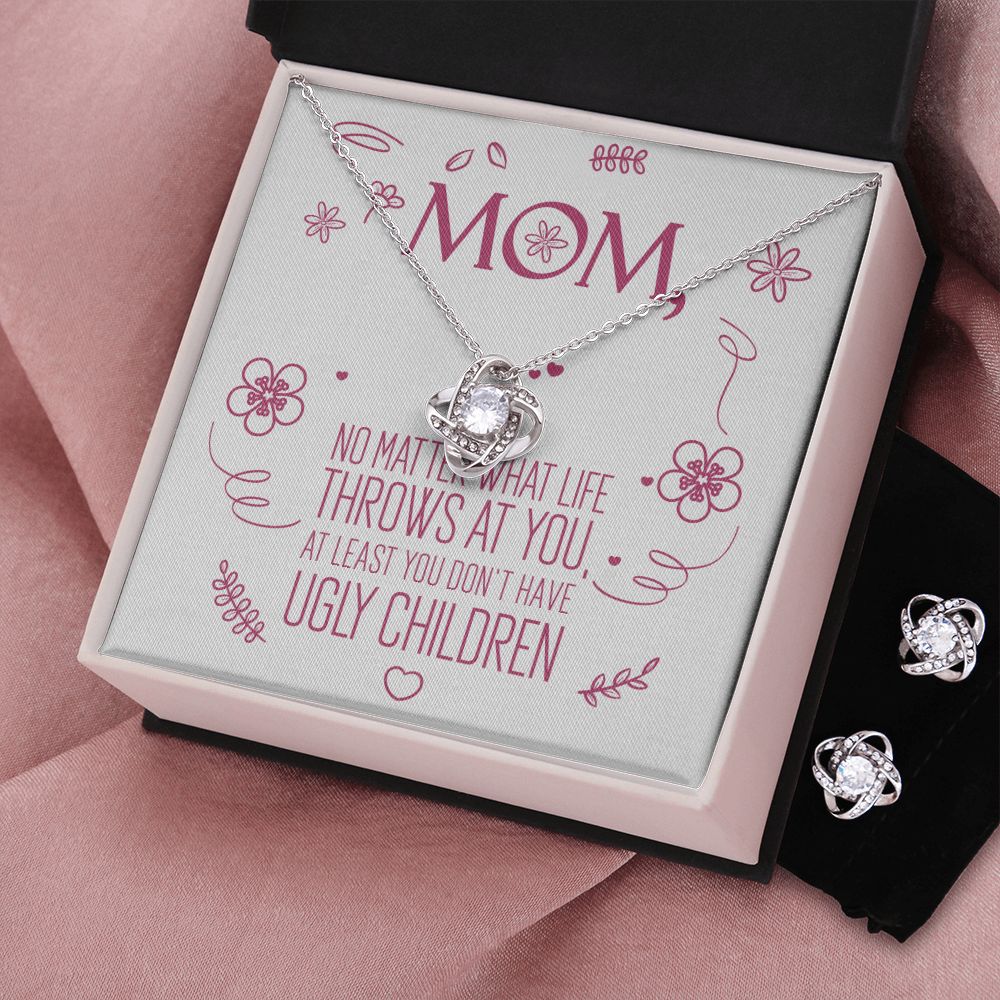 To My Mom - No Ugly Children - Love Knot Necklace + Free Matching Earrings (while stock last)