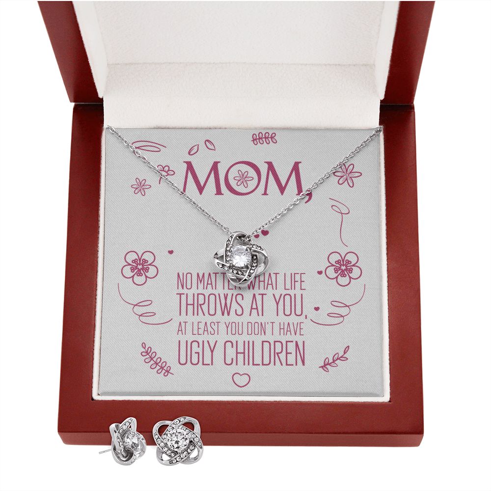 To My Mom - No Ugly Children - Love Knot Necklace + Free Matching Earrings (while stock last)