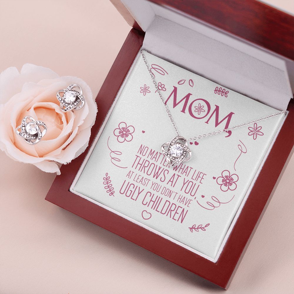 To My Mom - No Ugly Children - Love Knot Necklace + Free Matching Earrings (while stock last)