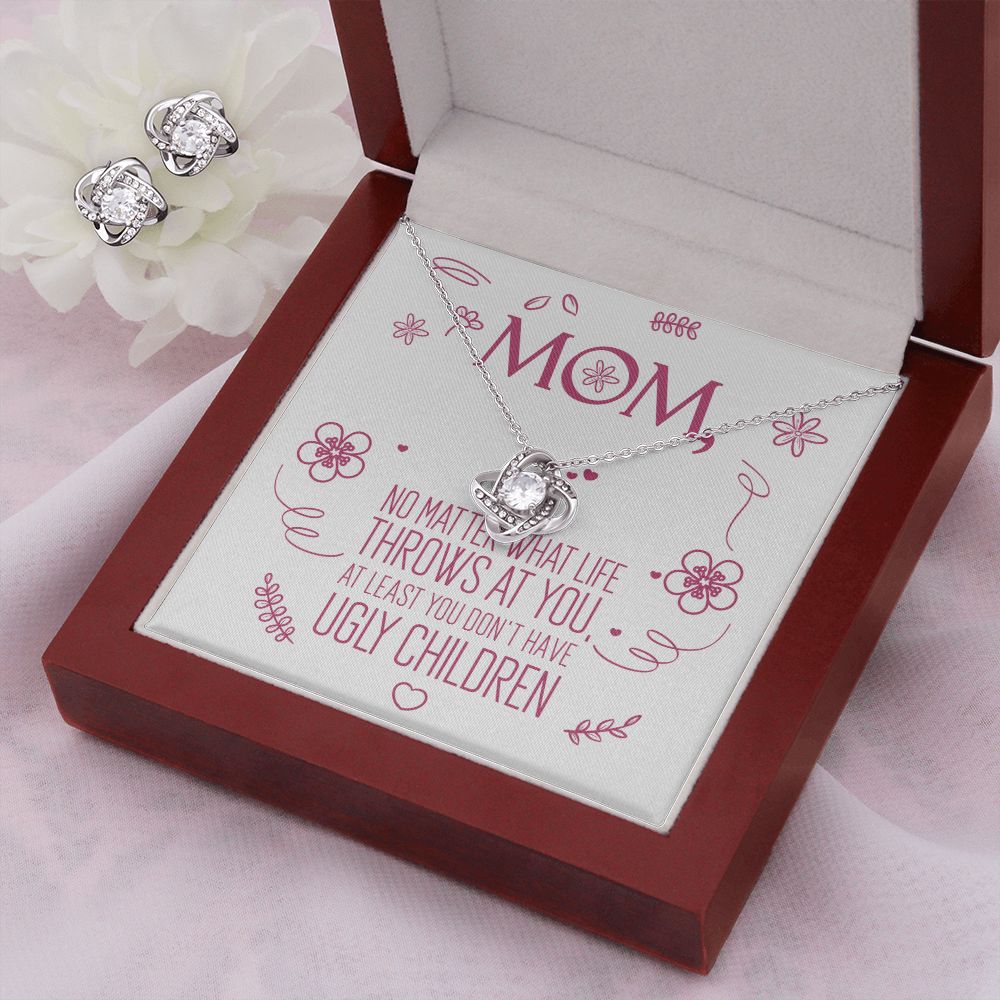To My Mom - No Ugly Children - Love Knot Necklace + Free Matching Earrings (while stock last)
