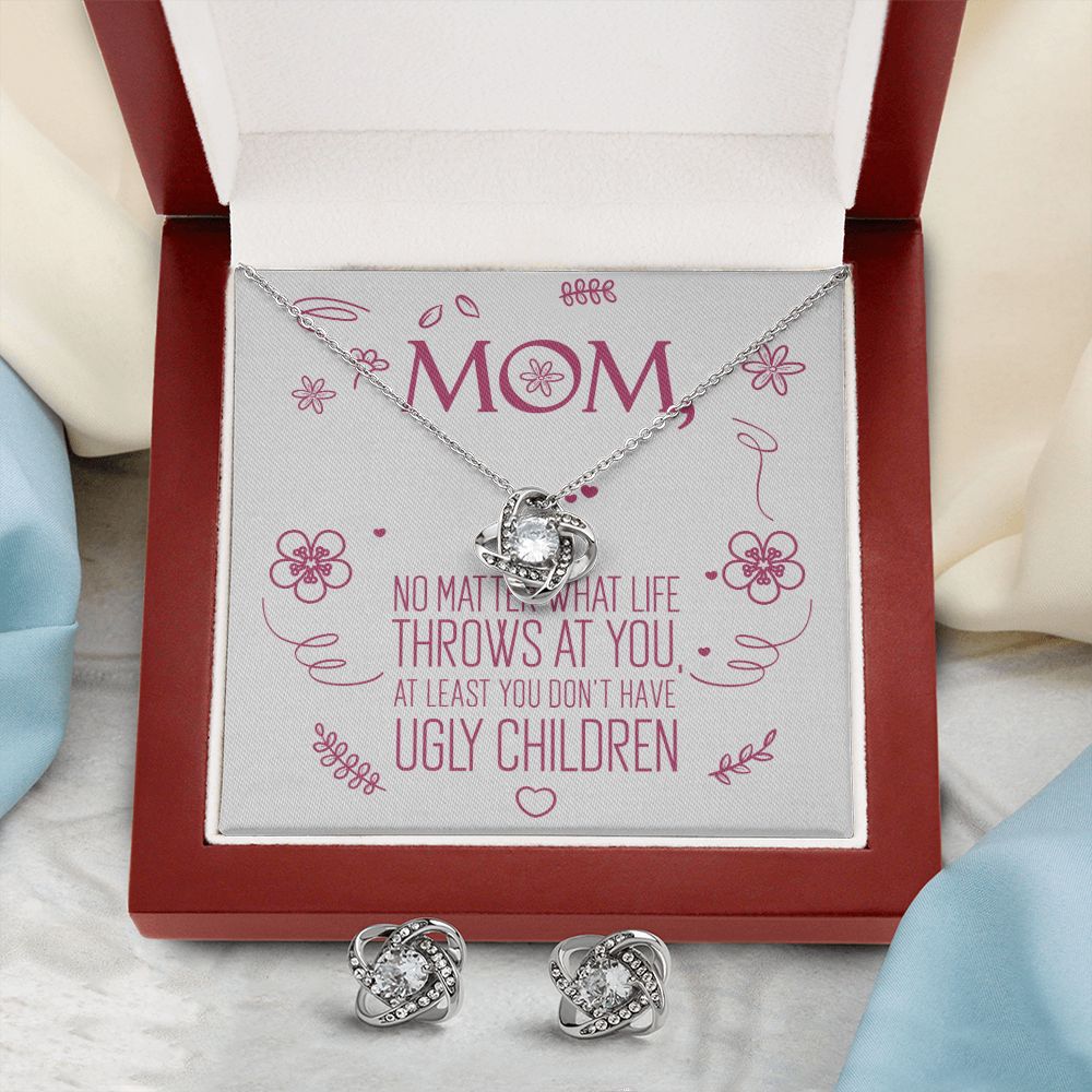 To My Mom - No Ugly Children - Love Knot Necklace + Free Matching Earrings (while stock last)