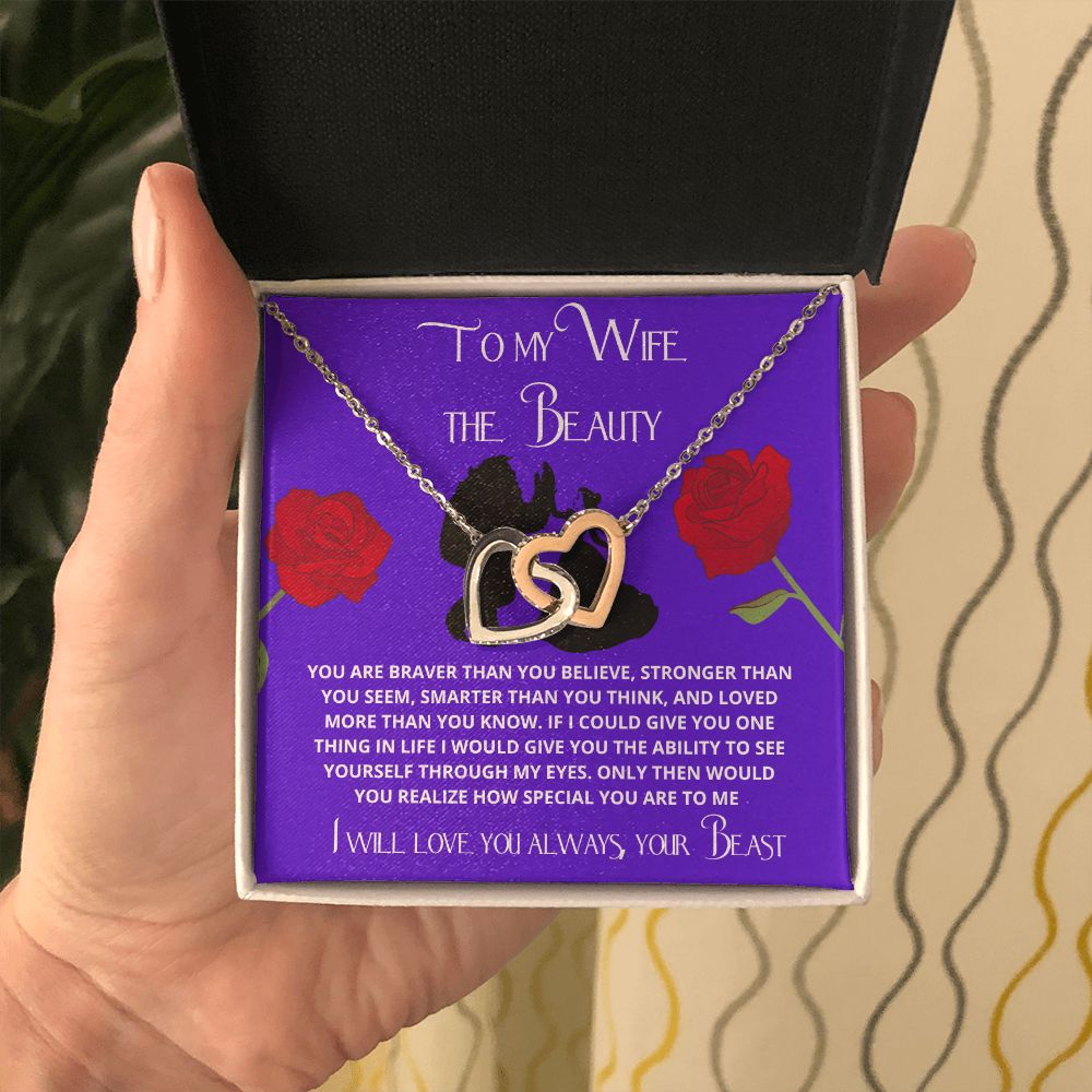 To My Wife the Beauty, From Your Beast - Red Rose Necklace Gift Set
